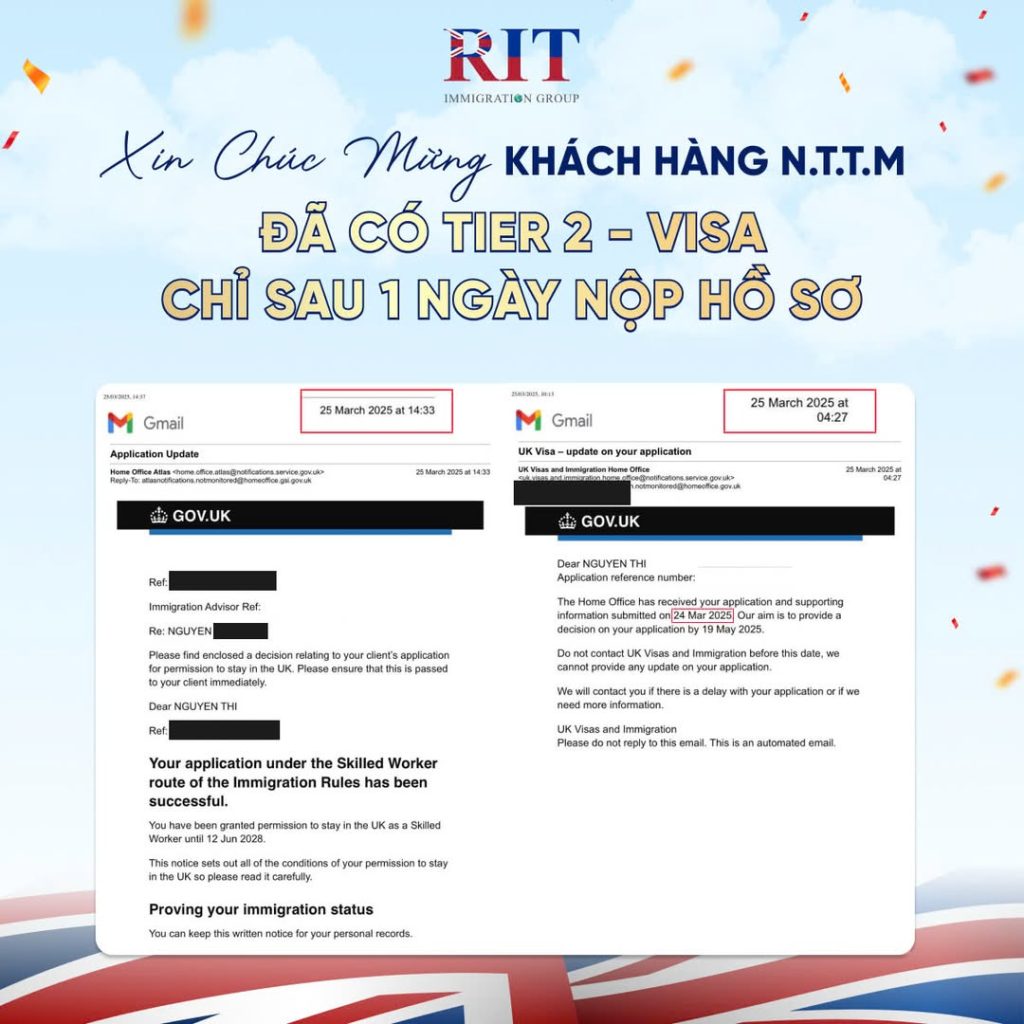 Đội ngũ chuyên gia của RIT Immigration Group thành công giúp đỡ khách hàng N.T.T.M có được visa định cư Anh Quốc một cách nhanh chóng và suôn sẻ